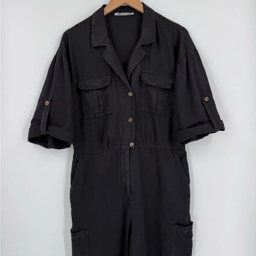 ZARA Linen Blend Button Front Utility Jumpsuit in Black | Medium